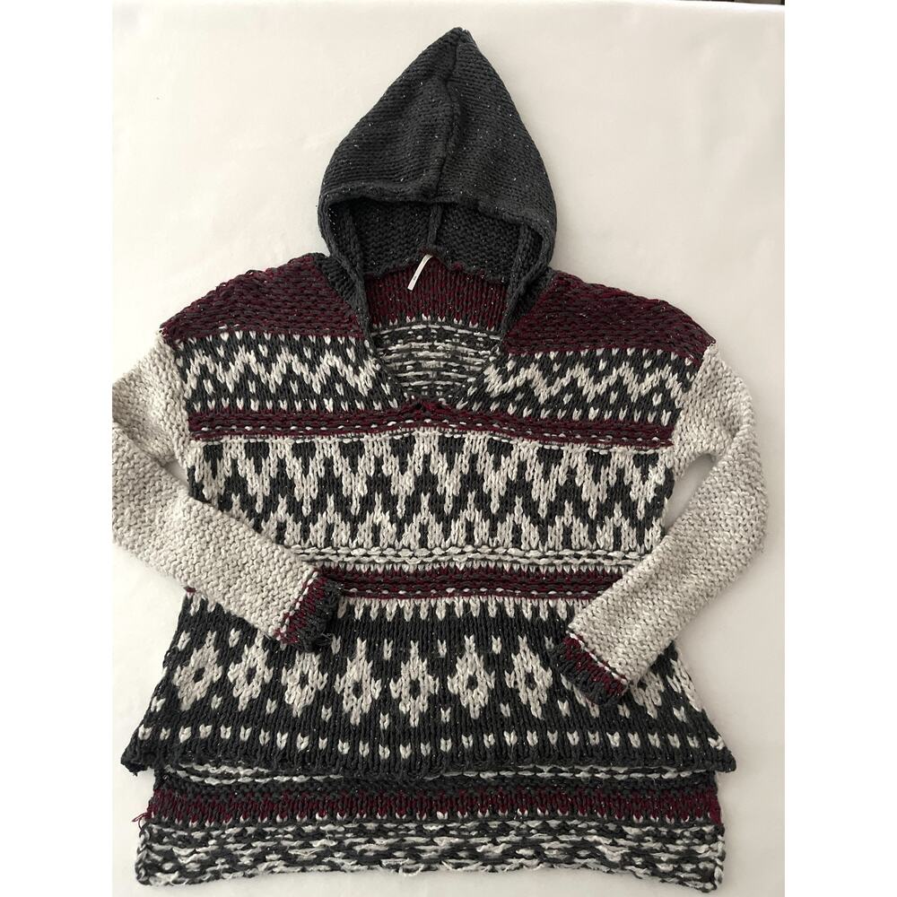 Free People Sweater Women M Multicolor Hooded Fair Isle Chunky Knit Boho Cabin